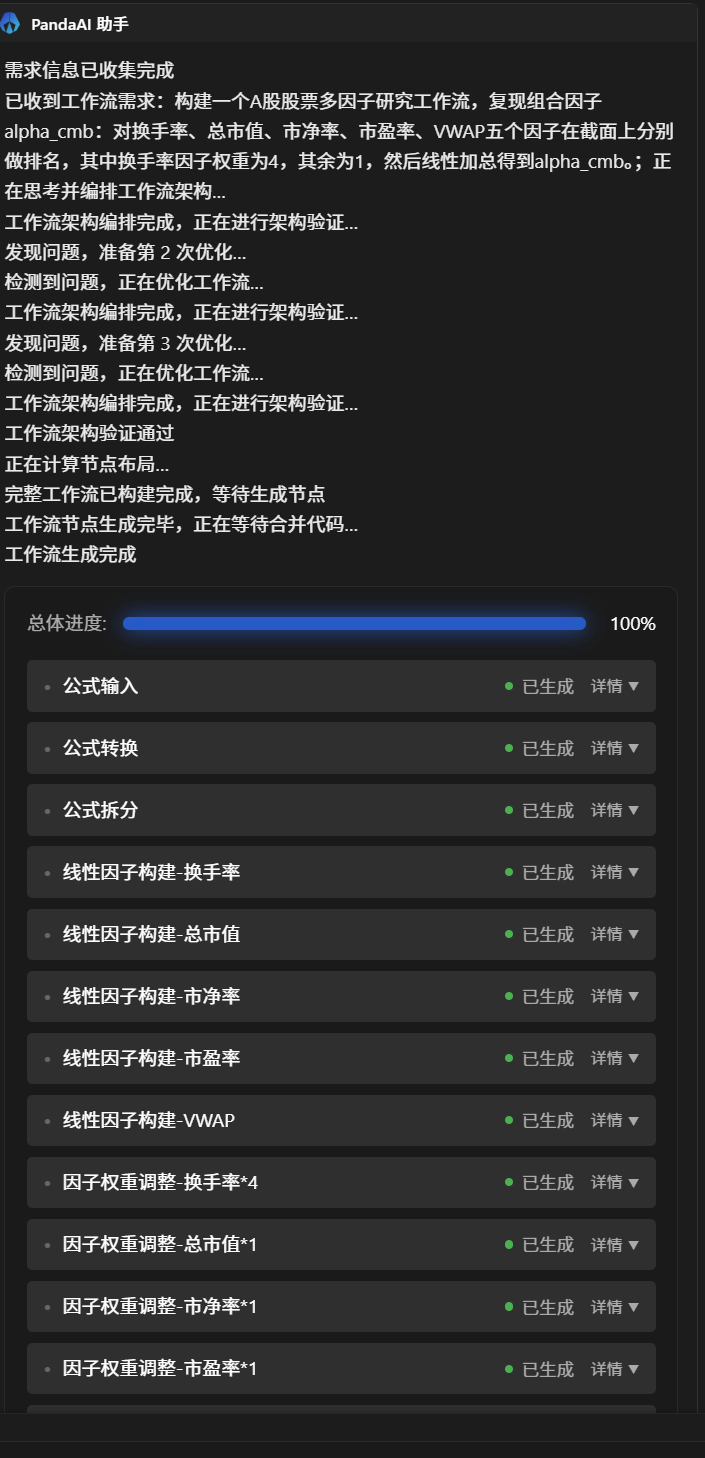 13377403b9c647f99d37d4ea...
一、AI助手体验 还是和之前一样,将原有的因子代码发给小助手,小助手自动生成多因子框架的工作流。 ![image.png